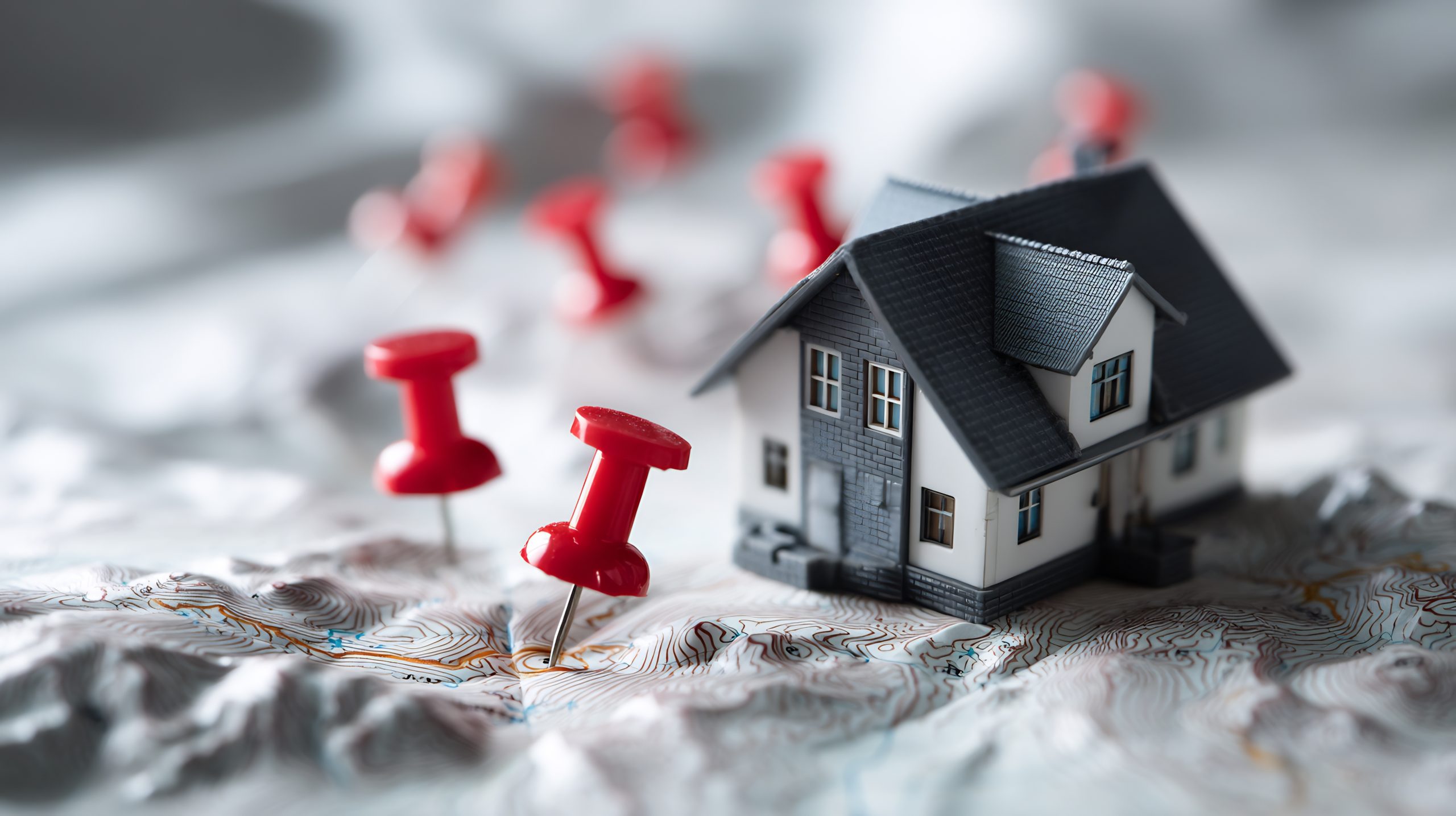 A miniature house model is placed on a topographic map, marked with red pins, representing potential locations destination locations.