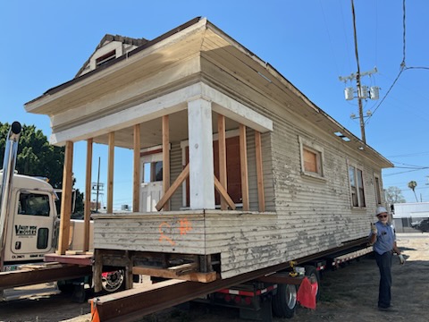 The Other Half of the House Mounted on Support Beams in Lincoln Heights and Ready to Travel to Calaveras Street in Altadena.